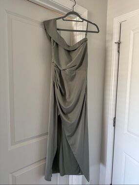 Lulu's One-Shoulder Sage Green Satin Draped Gown
